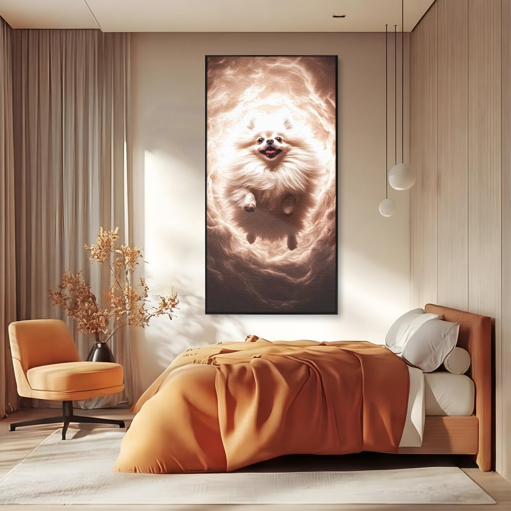 Tablou canvas cu tablou canvas cu caine pomeranian pufos, in rama de aluminiu negru, pe perete intr-un dormitor